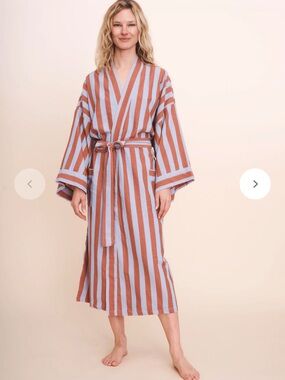 Striped Kimono Robe in Rust and Light Blue